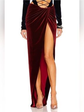 SHEIN Wine Burgundy Velvet High-Slit Draped Maxi Skirt